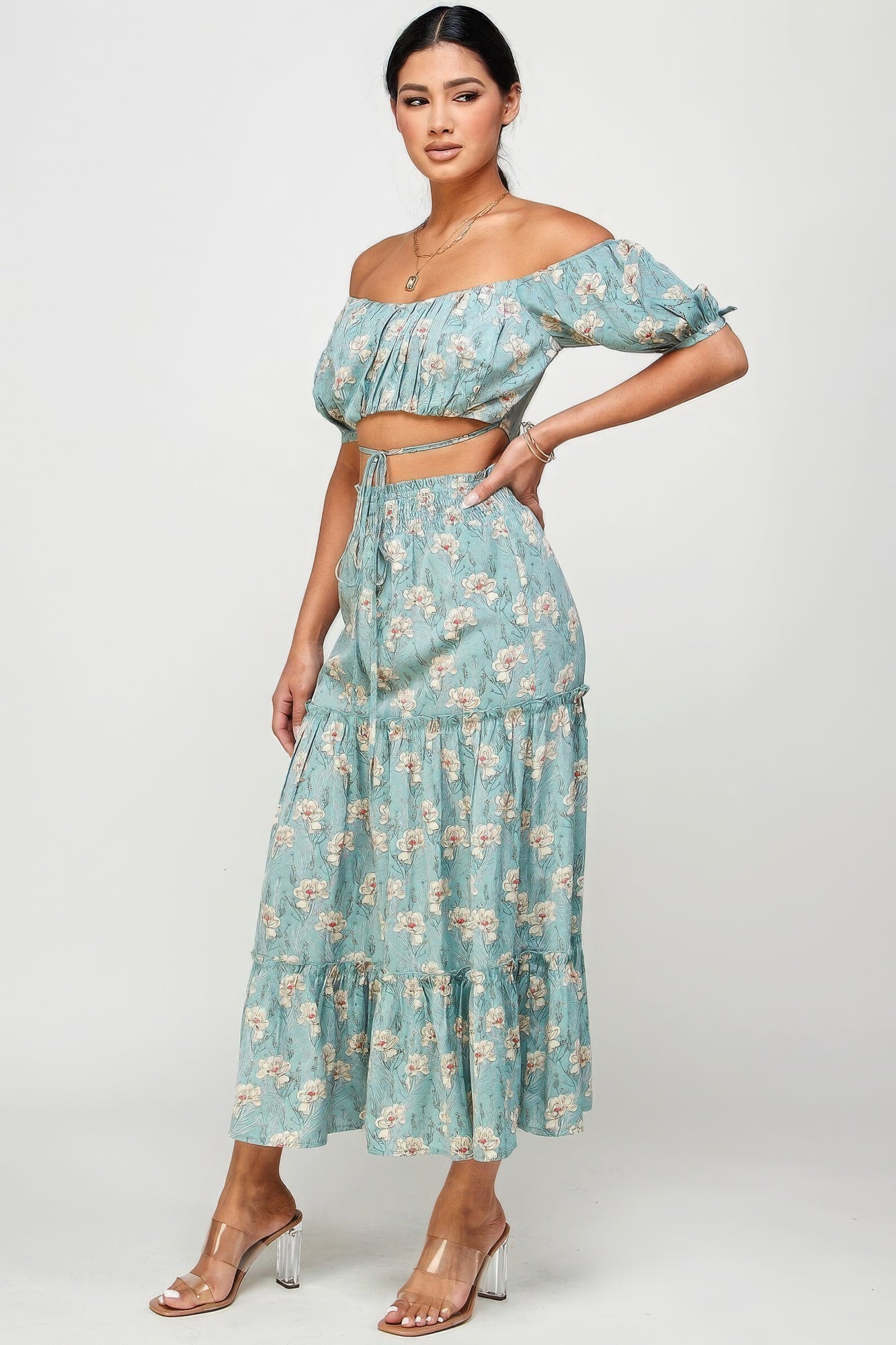 Floral Off Shoulder Sleeve Back Tie Top Skirt Set | Dresses/Midi Dresses