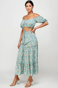 Floral Off Shoulder Sleeve Back Tie Top Skirt Set | Dresses/Midi Dresses