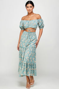 Floral Off Shoulder Sleeve Back Tie Top Skirt Set | Dresses/Midi Dresses