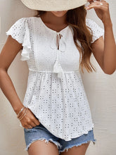 Load image into Gallery viewer, Womens Blouse-Eyelet Tie Neck Cap Sleeve Blouse | Tops/Blouses &amp; Shirts
