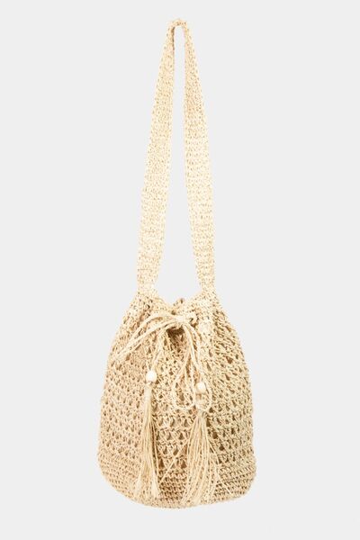 Womens Tote Bag-Fame Straw Braided Drawstring Tote Bag with Tassel | tote bag