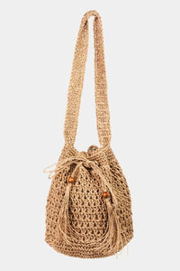 Womens Tote Bag-Fame Straw Braided Drawstring Tote Bag with Tassel | tote bag