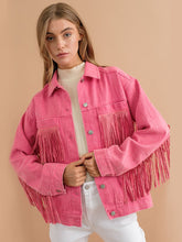 Load image into Gallery viewer, Womens Jacket-Fringe Detail Dropped Shoulder Denim Jacket
