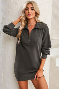 Womens Mini Dress-Half Zip Dropped Shoulder Mini Sweatshirt Dress | Dress