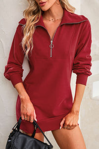 Womens Mini Dress-Half Zip Dropped Shoulder Mini Sweatshirt Dress | Dress