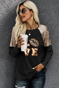 Womens Blouse-LOVE Graphic Sequin Long Sleeve T-Shirt | Tops/Blouses & Shirts