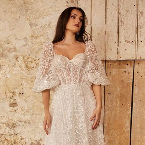 Lace Beach Wedding Dress-A Line Beach Wedding Dress | Detachable Sleeves | Wedding Dresses