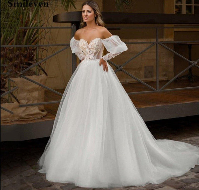 Beach Wedding Dress-Lace A Line Wedding Dress | Puff Sleeves | Wedding Dresses