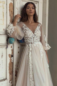 Lace Wedding Dress-Puff Sleeve 3D Flowers | Wedding Dresses