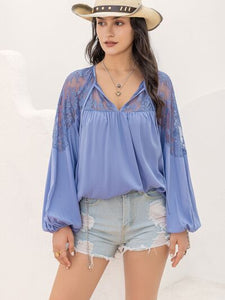 Womens Blouse-Lace Detail Tie Neck Balloon Sleeve Blouse | Tops/Blouses & Shirts
