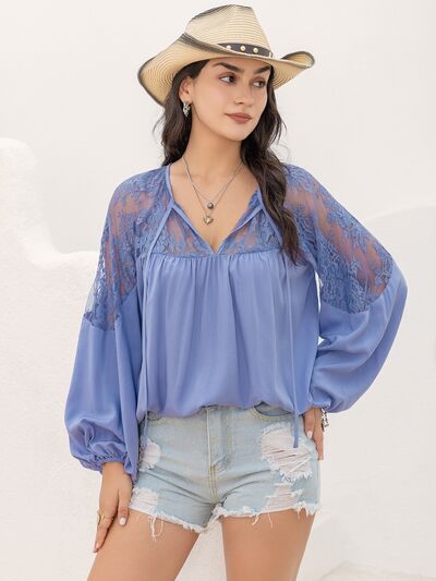 Womens Blouse-Lace Detail Tie Neck Balloon Sleeve Blouse | Tops/Blouses & Shirts