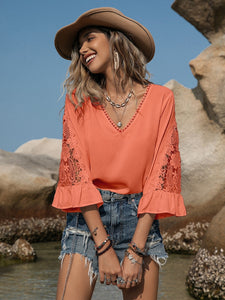 Womens Lace Blouse-Lace Detail V-Neck Blouse | top