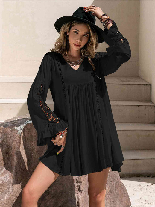 Womens Mini Dress-Lace Detail V-Neck Mini Dress