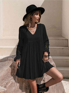 Womens Mini Dress-Lace Detail V-Neck Mini Dress