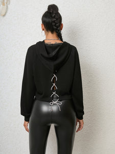 Womens Top-Black Lace-Up Long Sleeve Hoodie