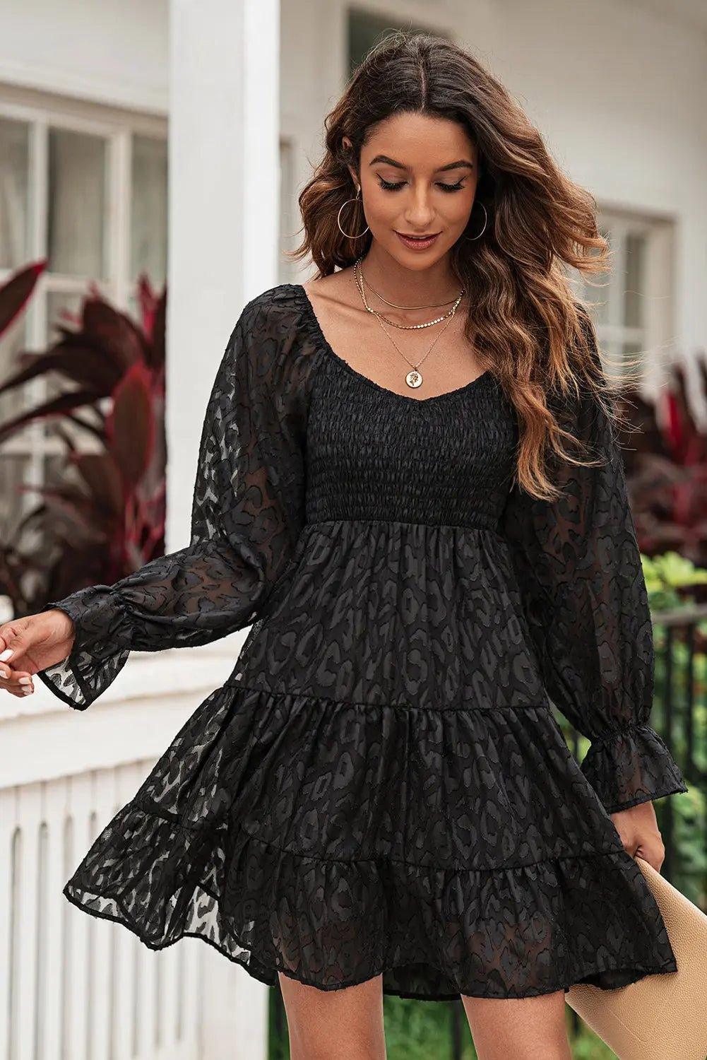 Womens Dress-Leopard Applique Flounce Sleeve Smocked Tiered Dress | Dresses