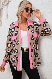 Womens Jacket-Leopard Collared Drop Shoulder Jacket