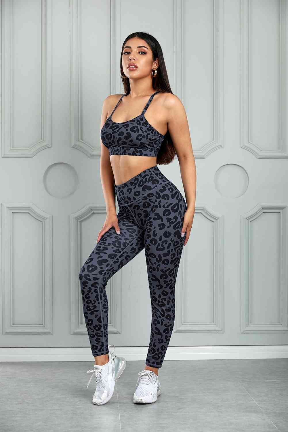 Womens Activewear-Leopard Cutout Sports Bra and Leggings Set | Activewear/Activewear Sets