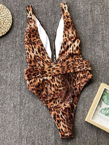 Womens Swimsuit-Leopard Plunge Wide Strap Sleeveless One-Piece Swimwear | swimsuit