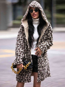 Womens Lingerie-Leopard Print Hooded Teddy Coat