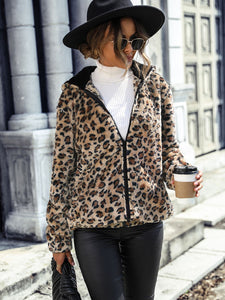 Womens Jacket-Leopard Zip-Up Hooded Jacket