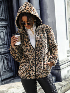 Womens Jacket-Leopard Zip-Up Hooded Jacket