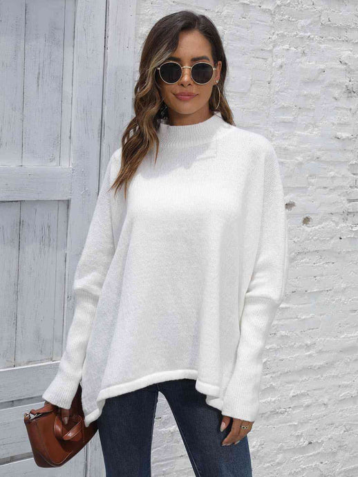 Womens Sweater-Simple Loose Hem Plain Sweater