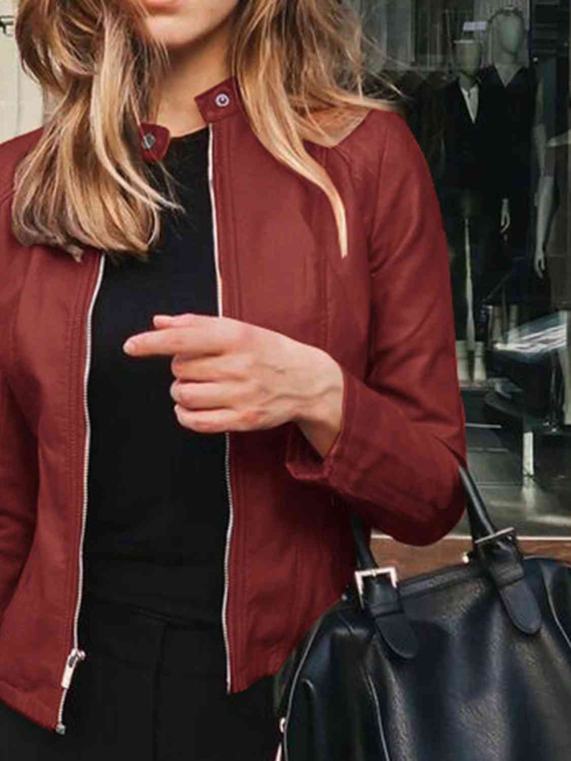 Womens Jacket-Casual Mock Neck Zip Up Jacket