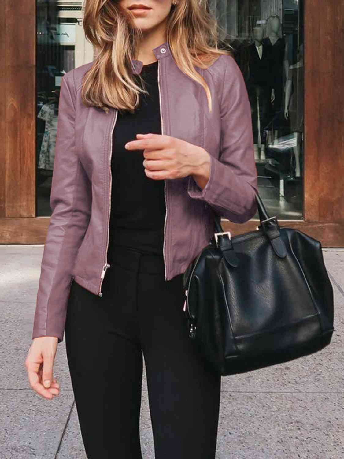 Womens Jacket-Casual Mock Neck Zip Up Jacket