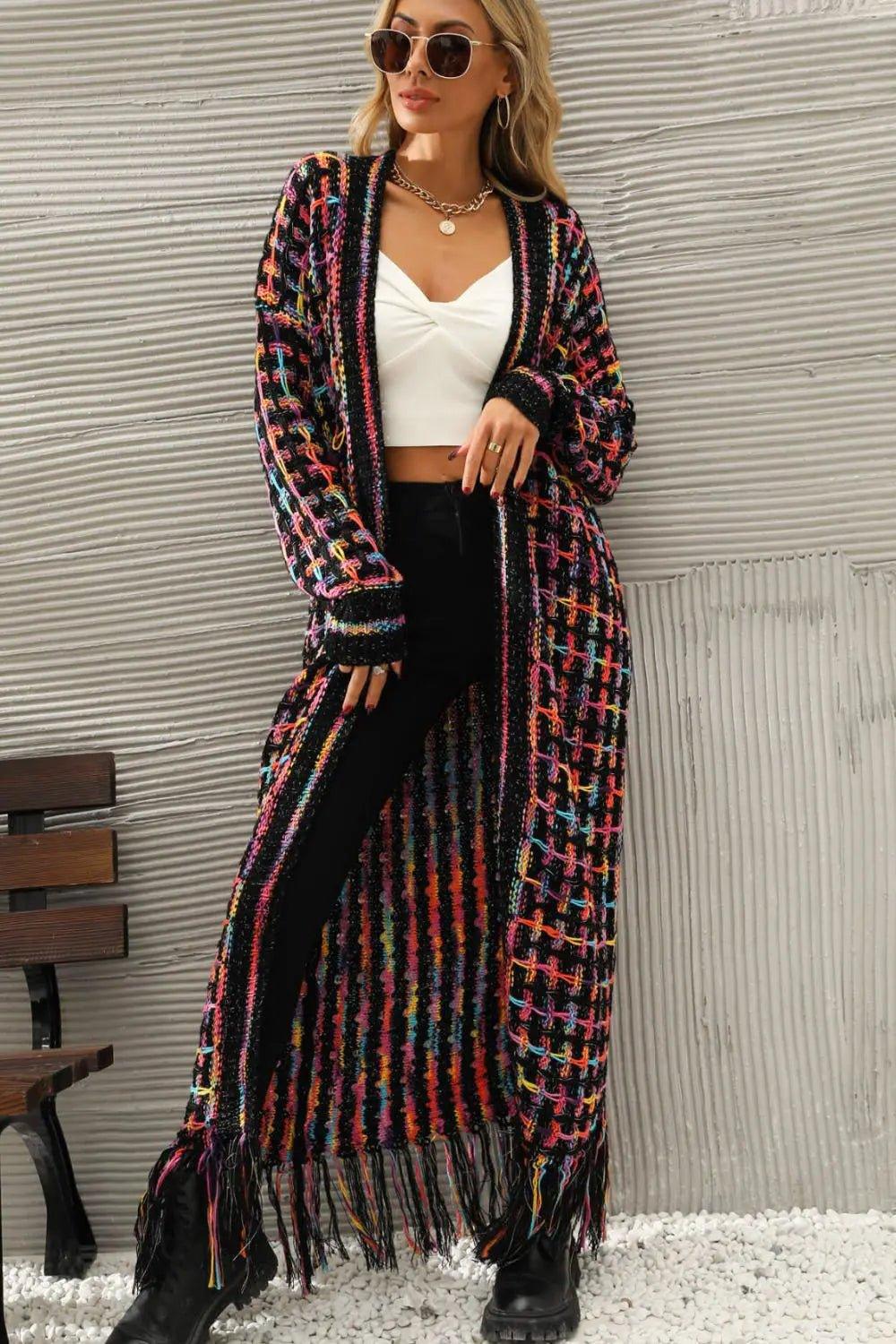 Womens Sweater-Multicolored Open Front Fringe Hem Cardigan | Coat & Jacket & Cardigan