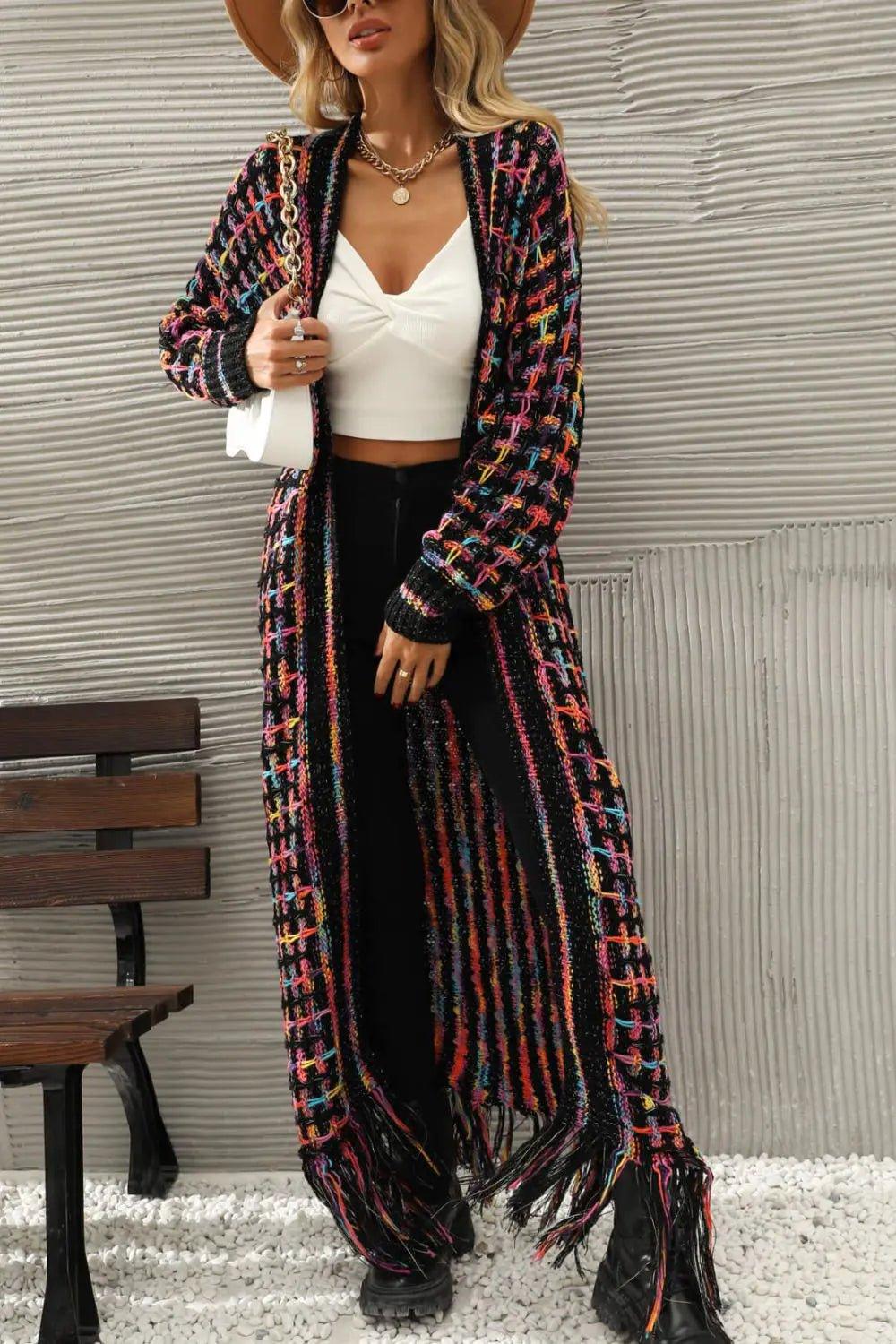 Womens Sweater-Multicolored Open Front Fringe Hem Cardigan | Coat & Jacket & Cardigan