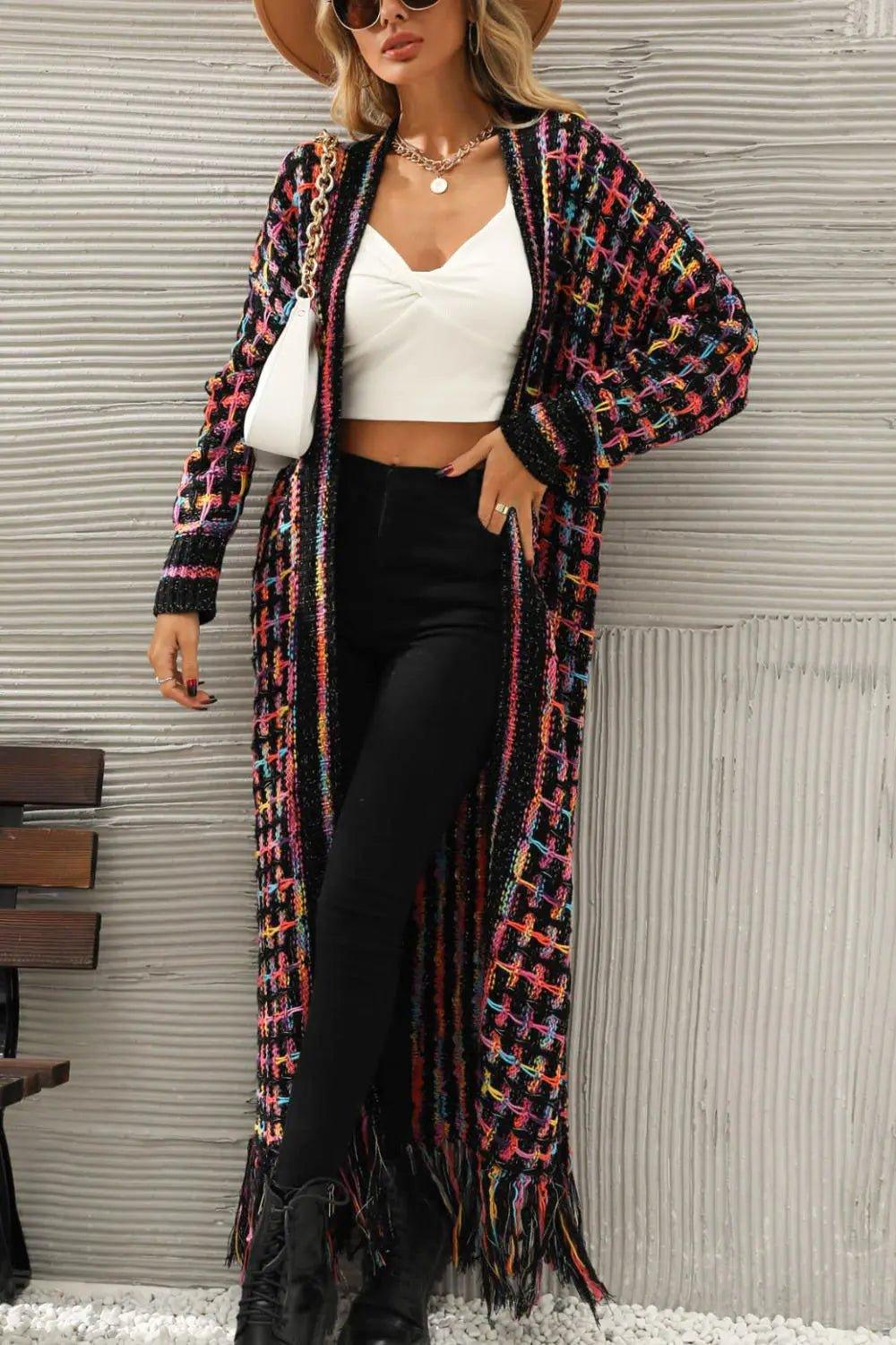 Womens Sweater-Multicolored Open Front Fringe Hem Cardigan | Coat & Jacket & Cardigan