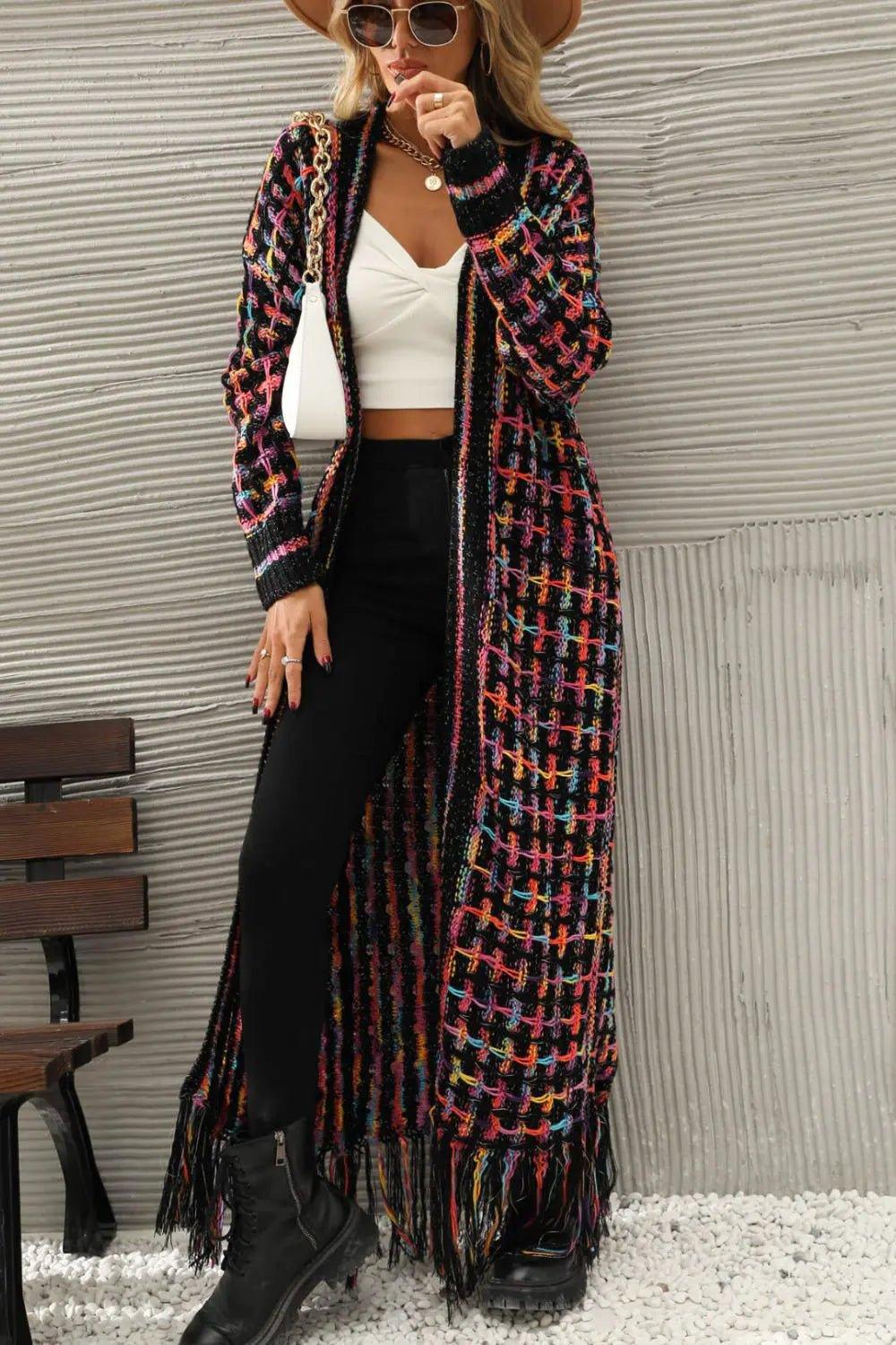 Womens Sweater-Multicolored Open Front Fringe Hem Cardigan | Coat & Jacket & Cardigan