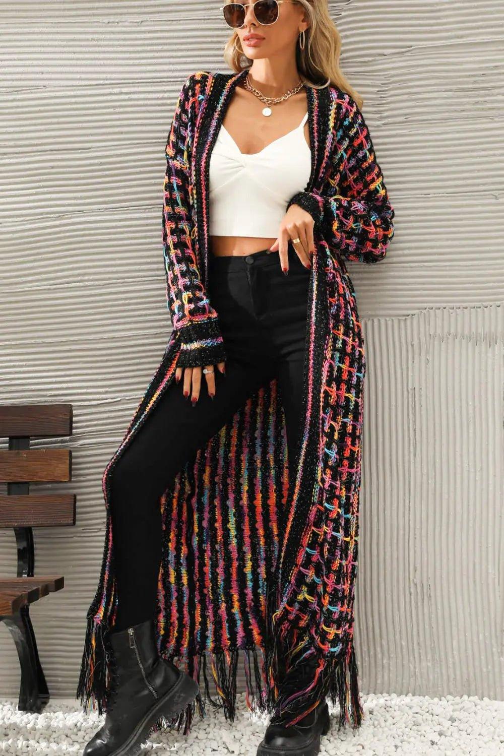 Womens Sweater-Multicolored Open Front Fringe Hem Cardigan | Coat & Jacket & Cardigan