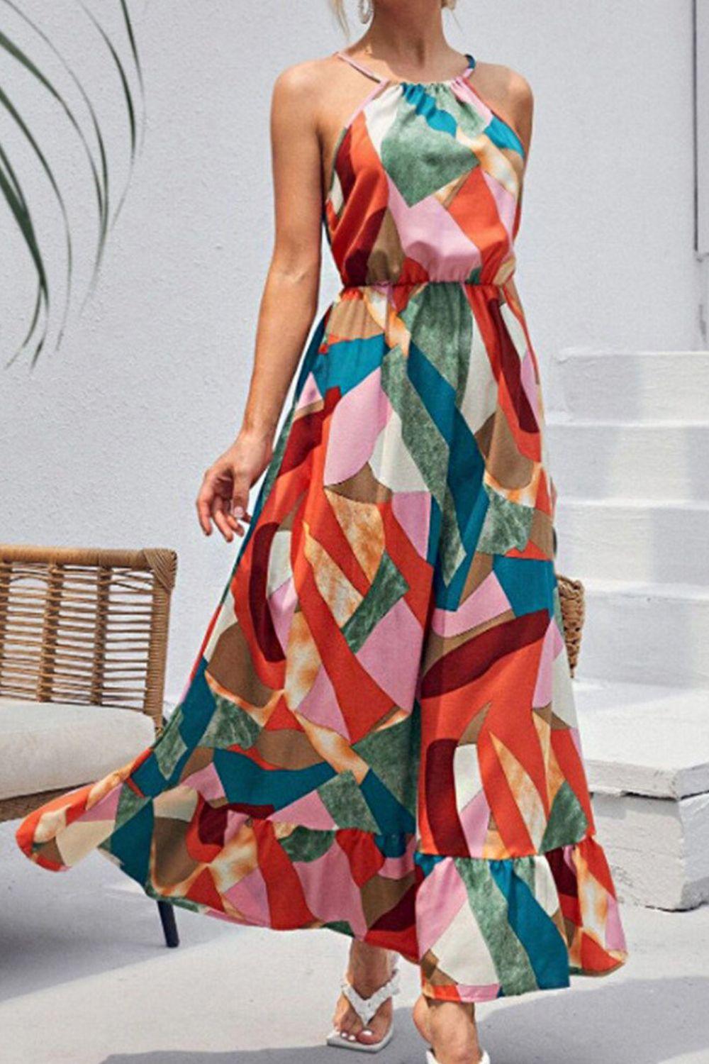 Womens Dress-Multicolored Tied Grecian Neck Maxi Dress | Dresses/Maxi Dresses