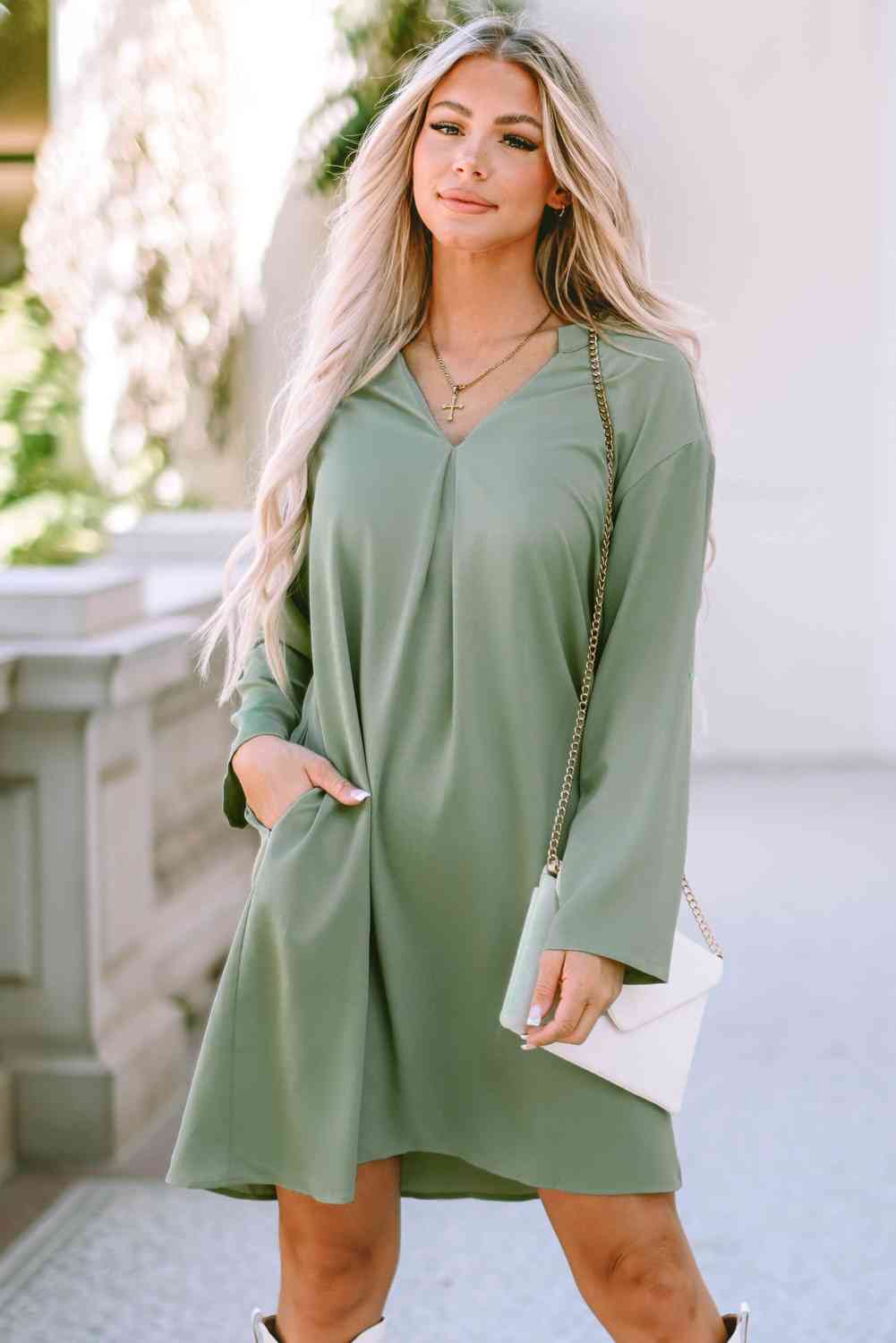 Womens Dress-Notched Long Sleeve Dress with Pockets | Dresses/Mini Dresses