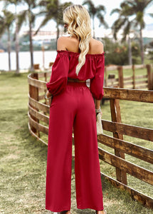 Womens Pants Set-Off-Shoulder Blouse and Drawstring Waist Pants Set