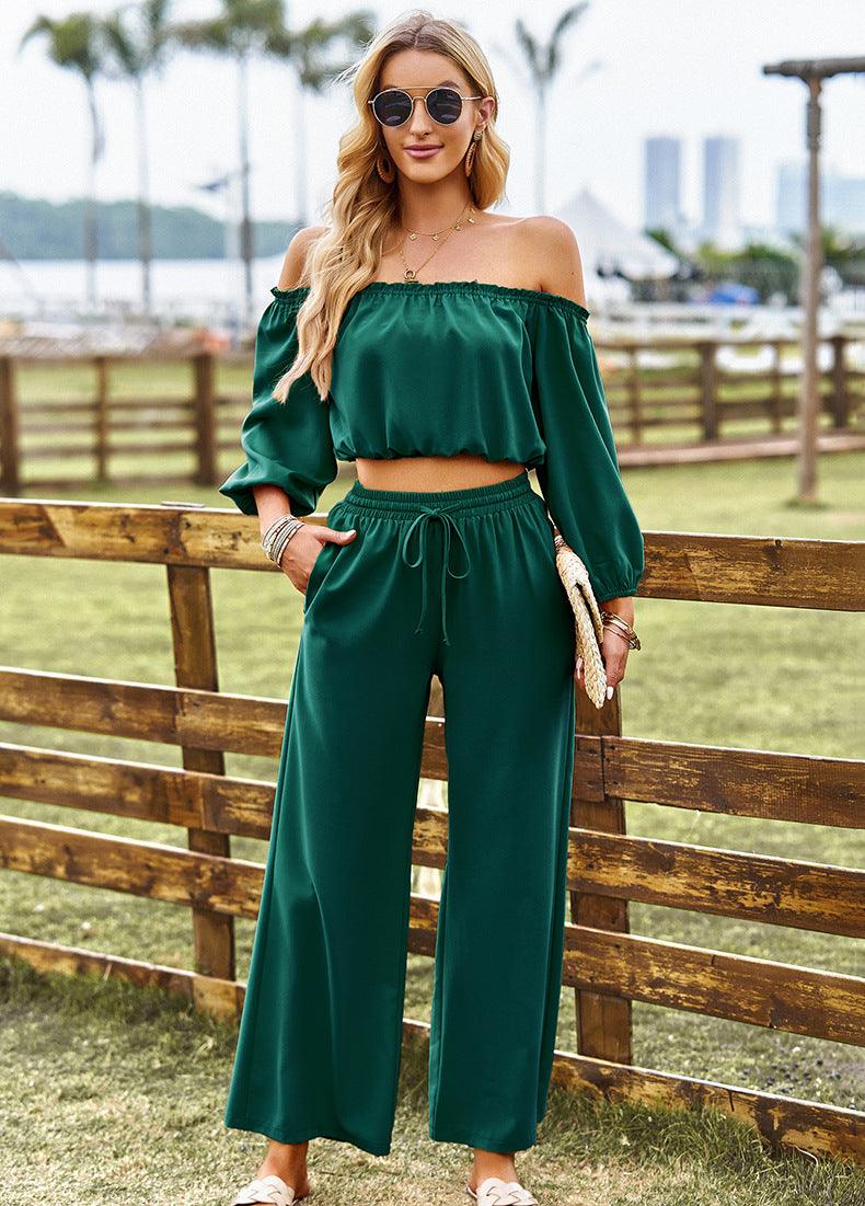 Womens Pants Set-Off-Shoulder Blouse and Drawstring Waist Pants Set