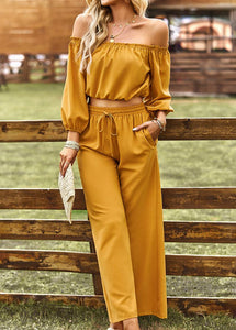 Womens Pants Set-Off-Shoulder Blouse and Drawstring Waist Pants Set