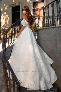 Off Shoulder Full Lace Wedding Dress | Detachable Puff Sleeves Broke Girl Philanthropy