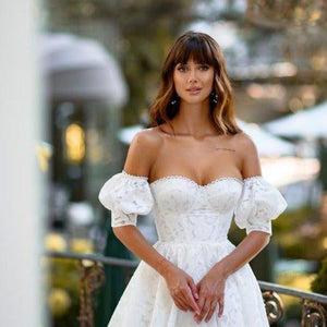 Off Shoulder Full Lace Wedding Dress | Detachable Puff Sleeves Broke Girl Philanthropy