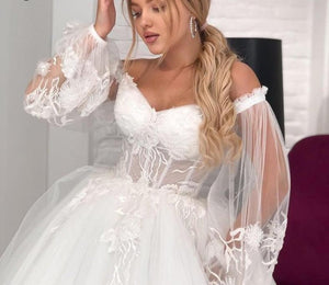 Off Shoulder Puff Sleeve Princess Wedding Dress | A Line Lace Broke Girl Philanthropy