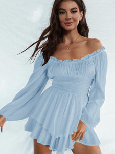 Womens Mini Dress-Off Shoulder Smocked Waist Mini Dress | Top