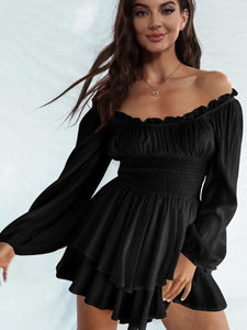 Womens Mini Dress-Off Shoulder Smocked Waist Mini Dress | Top