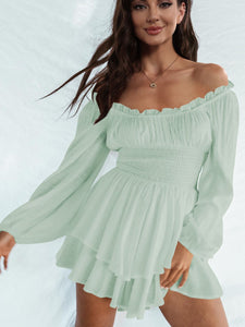 Womens Mini Dress-Off Shoulder Smocked Waist Mini Dress | Top