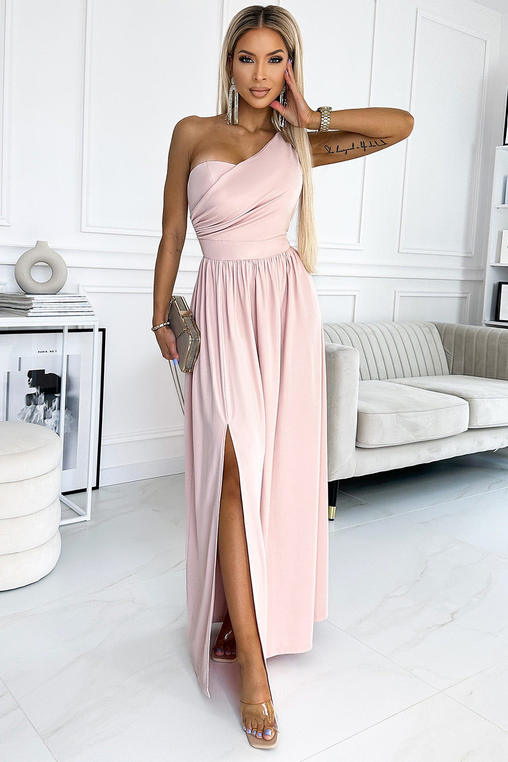 Womens Maxi Dress-One-Shoulder Slit Maxi Dress