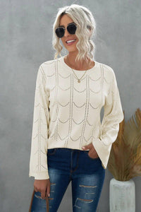 Openwork Flare Sleeve Pullover Sweater Broke Girl Philanthropy