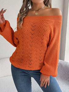 Womens Sweater-Openwork Off-Shoulder Long Sleeve Sweater | sweater