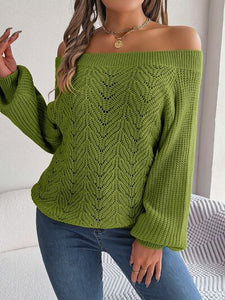 Womens Sweater-Openwork Off-Shoulder Long Sleeve Sweater | sweater