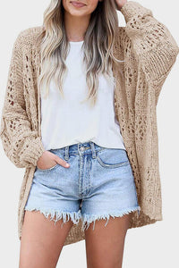 Womens Sweater-Openwork Open Front Long Sleeve Cardigan